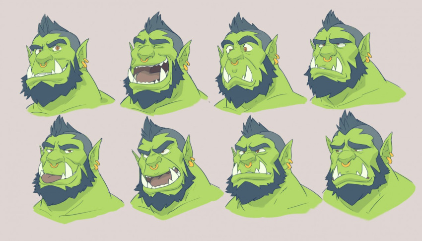 :p bara beard black_hair closed_mouth colored_skin cropped_torso expression_chart facial_hair frown full_beard green_skin laughing looking_ahead male_focus mature_male monster_boy nose_piercing nose_ring orc original piercing pointy_ears raised_eyebrows sad saltypoundcake smile squinting surprised thick_beard thick_eyebrows tongue tongue_out tormuk_(saltypoundcake) tusks