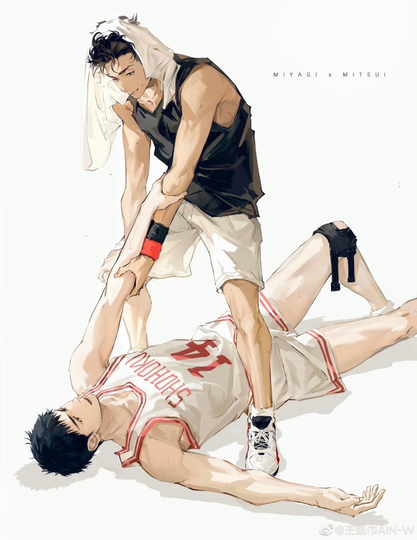 2boys absurdres basketball_uniform black_eyes black_hair black_socks black_tank_top character_name clenched_teeth commentary_request cross-laced_footwear feet_out_of_frame full_body half-closed_eyes highres holding_another's_arm kami_off_record knee_pads knee_up looking_at_another lying male_focus messy_hair mitsui_hisashi miyagi_ryouta multiple_boys muscular muscular_male on_back outstretched_arm parted_lips shadow shoes short_hair shorts simple_background single_knee_pad slam_dunk_(series) sneakers socks sportswear tank_top teeth thick_eyebrows towel towel_on_head watermark weibo_logo weibo_username white_background white_footwear white_shorts white_socks white_tank_top yaoi
