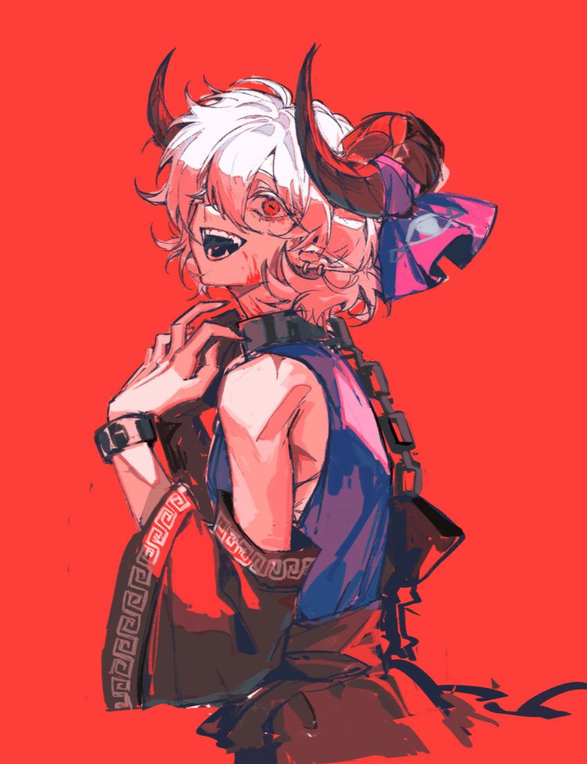 1girl absurdres blood blood_on_face blue_ribbon blue_shirt colored_eyelashes detached_sleeves earclip hair_between_eyes highres horizontal_pupils horn_ornament horn_ribbon horns open_mouth pointy_ears red_background red_eyes red_sleeves ribbon sheep_girl sheep_horns shirt short_hair simple_background sleeveless sleeveless_shirt smile solo tokinhr touhou toutetsu_yuuma white_hair