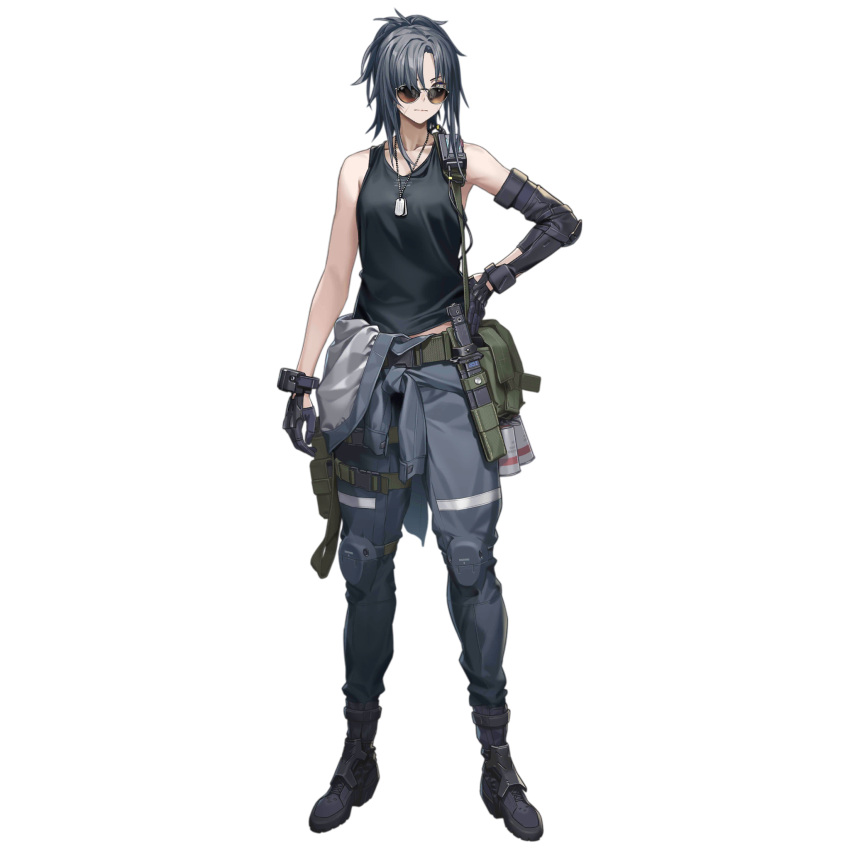 1girl angelia_(girls'_frontline) artist_request aviator_sunglasses belt belt_pouch black_footwear black_gloves black_tank_top blue_jumpsuit boots breasts closed_mouth collarbone dog_tags elbow_gloves elbow_pads explosive full_body girls'_frontline gloves green_bag grenade grey_eyes grey_hair hair_over_one_eye hand_on_own_hip highres jumpsuit jumpsuit_around_waist knee_pads knife knife_sheath long_hair looking_at_viewer medium_breasts midriff_peek official_art ponytail pouch radio_antenna scar scar_on_face sheath sheathed simple_background single_elbow_glove single_elbow_pad solo standing sunglasses tank_top third-party_source transparent_background walkie-talkie