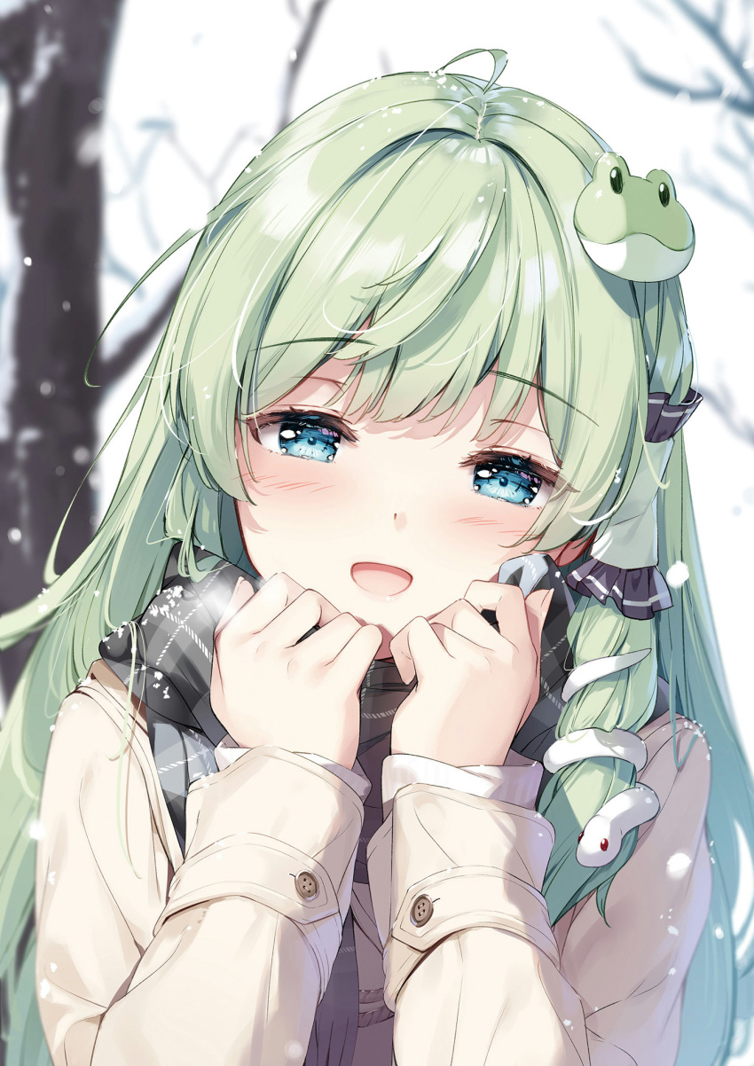 1girl blue_eyes blush branch buttons coat day fingernails frog_hair_ornament green_eyes hair_ornament hair_tubes hands_up highres kochiya_sanae long_hair long_sleeves looking_at_viewer miyase_mahiro open_mouth outdoors scarf smile snow snowing touhou tree upper_body winter_clothes winter_coat