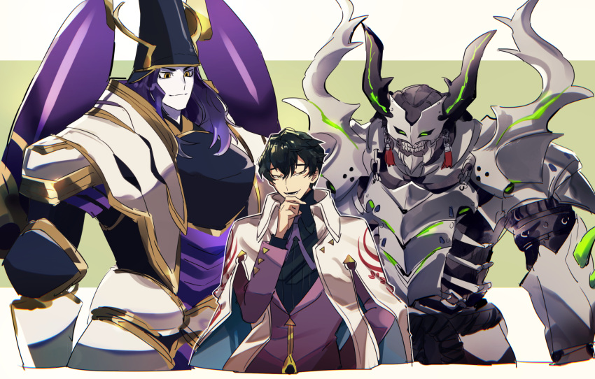 3boys armor black_hair blue_headwear blue_shirt closed_mouth coat collared_shirt fake_horns fate/grand_order fate_(series) green_eyes hand_on_own_chin hattori_takeo_(fate) helmet highres horned_helmet horns imagawa_yoshimoto_(fate) itou_kashitarou_(fate) jacket japanese_armor looking_at_another looking_at_viewer male_focus mask medium_hair multiple_boys necktie parted_lips purple_hair purple_jacket purple_necktie shirt shoulder_armor simple_background smile upper_body white_coat yellow_eyes yuu_(areruya)