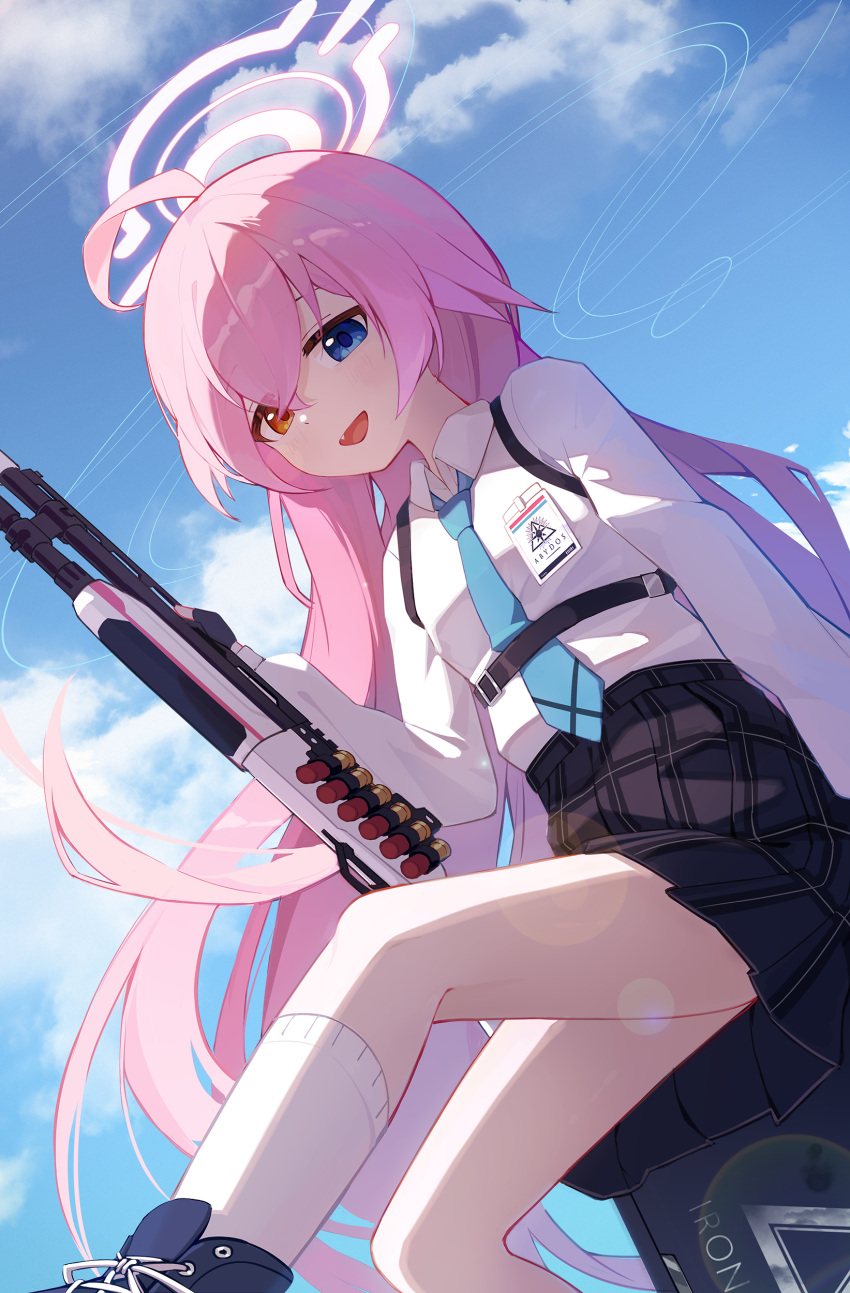 1girl absurdres ahoge black_footwear black_skirt blue_archive blue_eyes blue_necktie breasts collared_shirt day fang gleam_lin_shi gun hair_between_eyes halo highres holding holding_gun holding_weapon hoshino_(blue_archive) long_hair long_sleeves necktie open_mouth outdoors pink_hair pink_halo plaid plaid_skirt pleated_skirt shirt shoes skirt sky small_breasts smile socks solo weapon white_shirt white_socks yellow_eyes