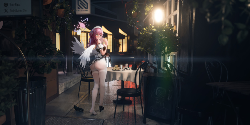 1girl 3d_background absurdres ass bare_shoulders blue_archive blush cafe chair clothes_lift doodle_sensei_(blue_archive) feathered_wings flower food hair_flower hair_ornament halo highres lamp long_hair looking_back maid_headdress mika_(blue_archive) night outdoors pantyhose parted_lips pink_hair rodriguez_(kamwing) sensei_(blue_archive) shoes single_shoe skirt skirt_lift solo table unworn_shoes walking white_pantyhose white_wings wide_shot wings yellow_eyes