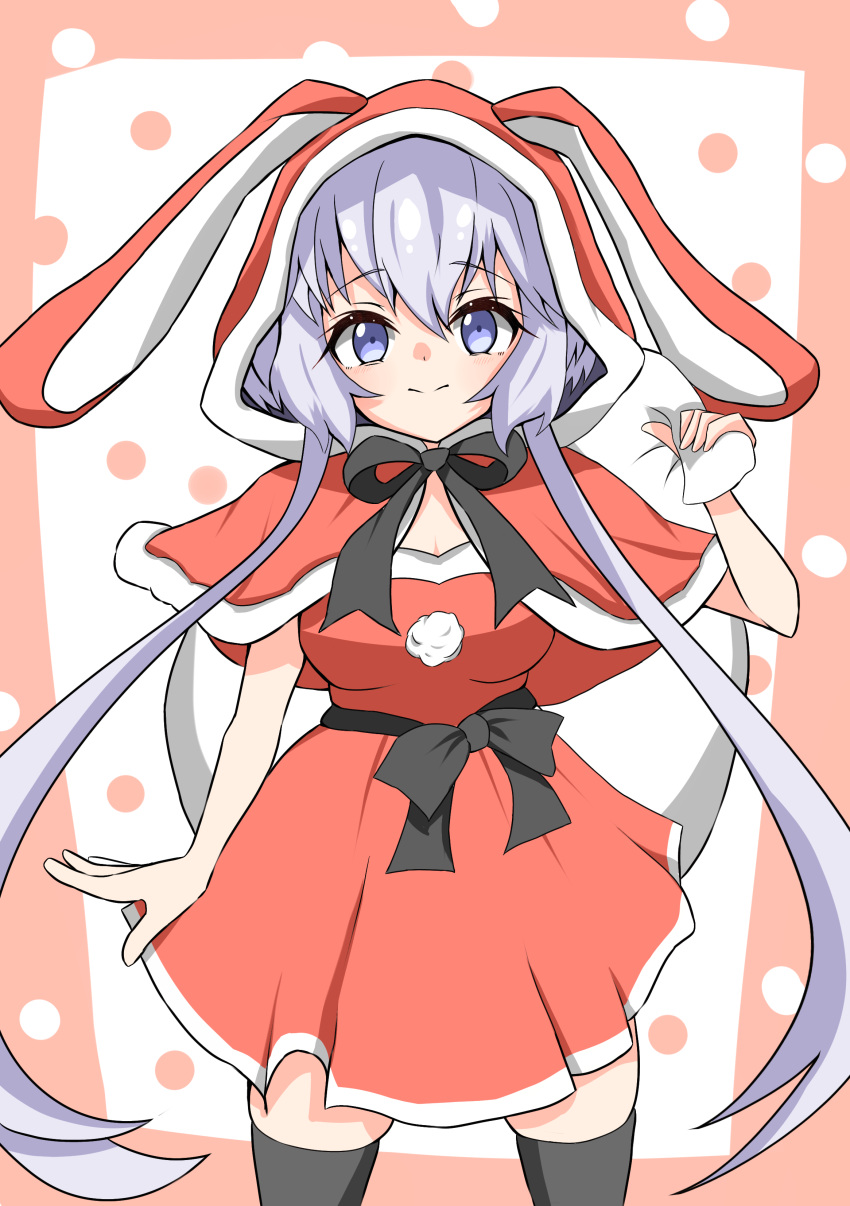 1girl 9ma_(9matohibari) absurdres animal_hood bag black_thighhighs blue_eyes breasts capelet closed_mouth dress eyebrows_hidden_by_hair feet_out_of_frame hair_between_eyes highres holding holding_bag hood large_breasts looking_at_viewer rabbit_hood red_capelet red_dress red_hood santa_costume senki_zesshou_symphogear simple_background skindentation smile solo thighhighs twintails waist_ribbon white_hair yukine_chris