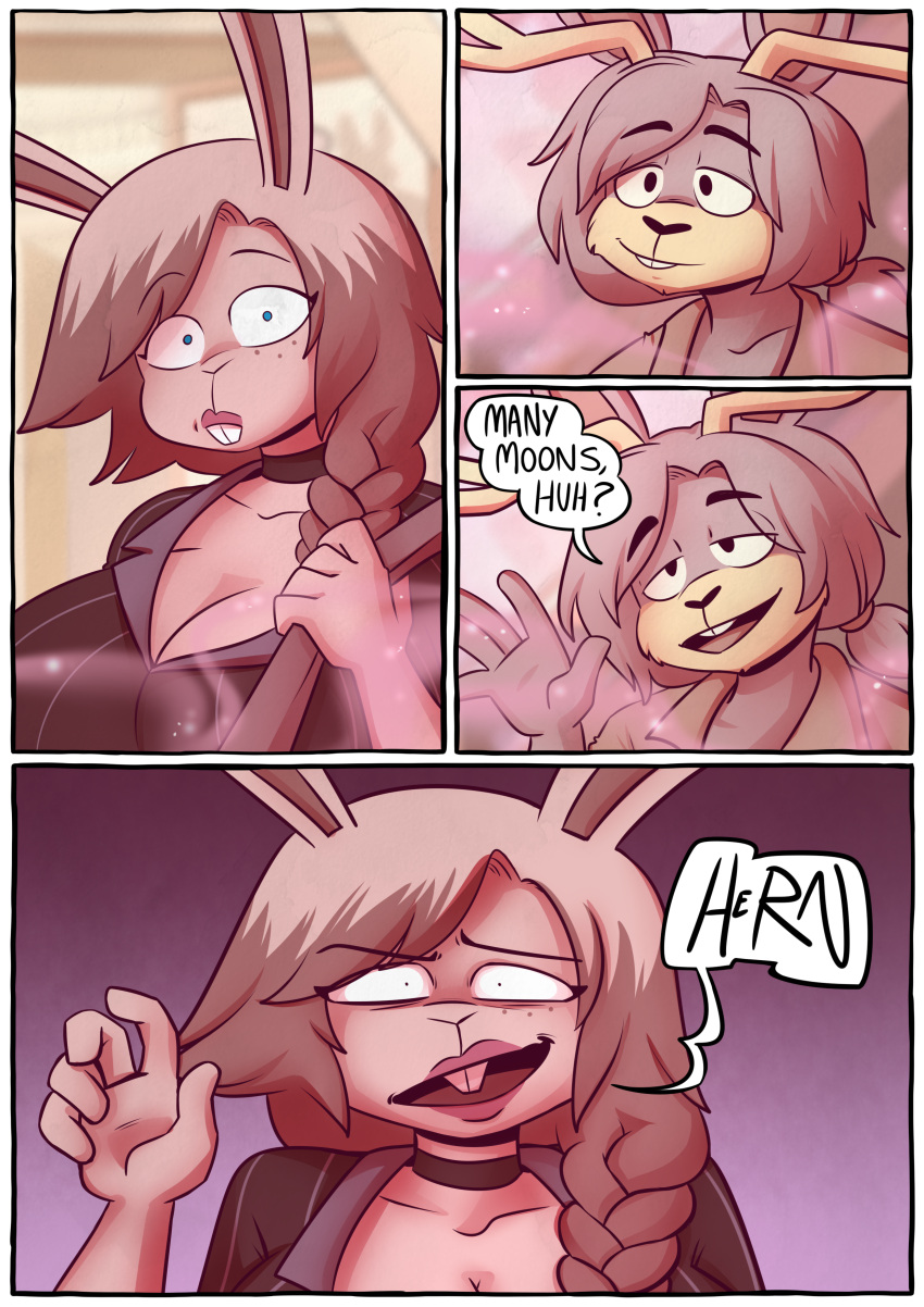 5_fingers absurd_res anthro antlers braided_hair breasts buckteeth cerealharem clothed clothing comic dialogue english_text eyebrow_through_hair eyebrows female fingers gynomorph_(lore) hair hi_res horn horns_(cerealharem) jackalope lagomorph leporid male mammal open_mouth open_smile pork_(cerealharem) rabbit smile solo speech_bubble teeth text translucent translucent_hair