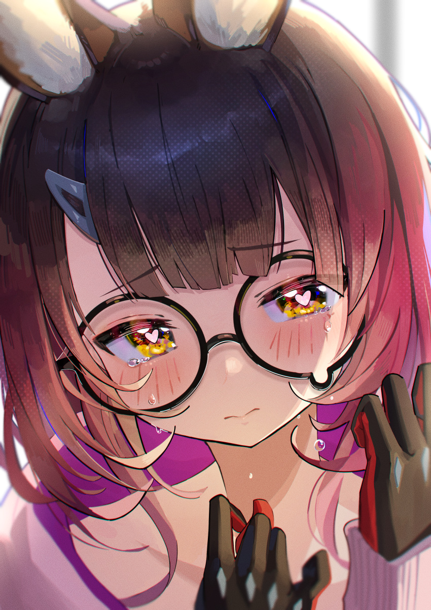 1girl absurdres animal_ears bongnom brown_hair crying glasses hair_ornament hairclip heart heart-shaped_pupils highres hololive hood hoodie pink_hoodie rabbit_ears roboco-san roboco-san_(hoodie) symbol-shaped_pupils teardrop-framed_glasses virtual_youtuber yellow_eyes