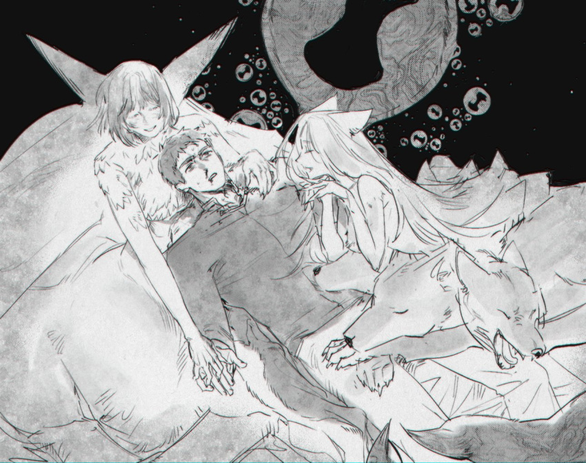 1boy 2girls animal_ears blood body_fur breasts brother_and_sister bubble chimera closed_eyes dungeon_meshi falin_thorden greyscale hashtag_only_commentary holding_hands injury laios_thorden lap_pillow laughing leaning_forward long_hair long_sleeves looking_ahead lying lying_on_person marcille_donato monochrome monster_girl multiple_girls multiple_heads nosebleed nude on_back on_stomach own_hands_together pants sansam sharp_teeth shirt short_hair siblings sketch sleeping smile spoilers succubus_(dungeon_meshi) taur teeth wolf wolf_ears yawning