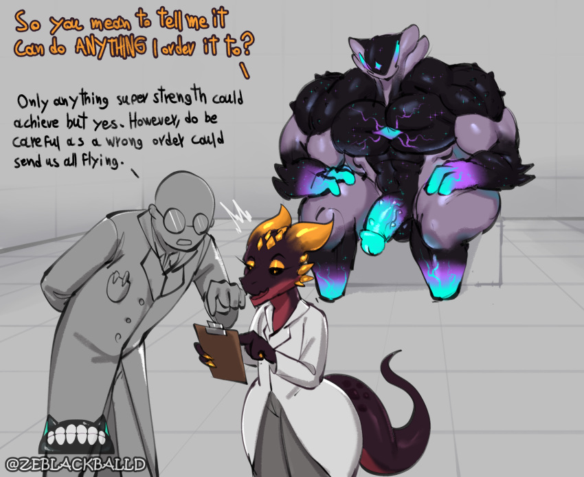 anthro biped clipboard clothed clothing dialogue dragon eyewear genitals glasses group hi_res holding_clipboard holding_object human larger_male male mammal muscular muscular_male nude penis size_difference thick_thighs trio wearing_glasses ze_blackball.d