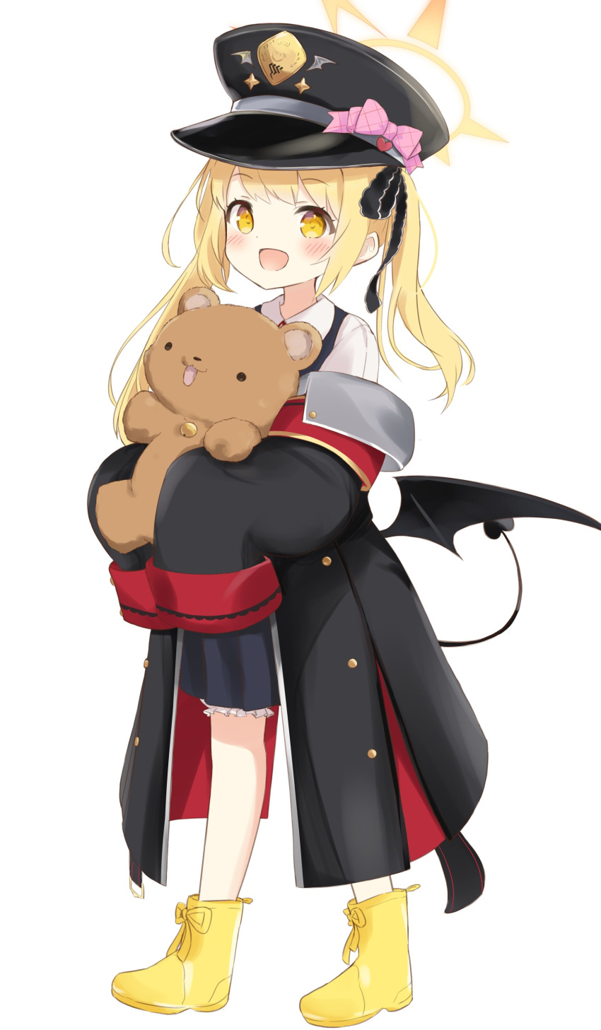 :d absurdres asymmetrical_hair black_coat black_headwear black_ribbon black_tail black_wings blonde_hair bloomers blue_archive boots bow coat demon_tail demon_wings dress full_body garuruu_(garumux) hair_ribbon halo hat hat_bow heart highres holding holding_stuffed_toy ibuki_(blue_archive) long_hair long_sleeves looking_at_viewer low_wings off_shoulder open_clothes open_coat open_mouth oversized_clothes peaked_cap pinafore_dress pink_bow ribbon simple_background sleeveless sleeveless_dress sleeves_past_fingers sleeves_past_wrists smile solo stuffed_animal stuffed_toy tail teddy_bear white_background white_bloomers wings yellow_eyes yellow_footwear yellow_halo
