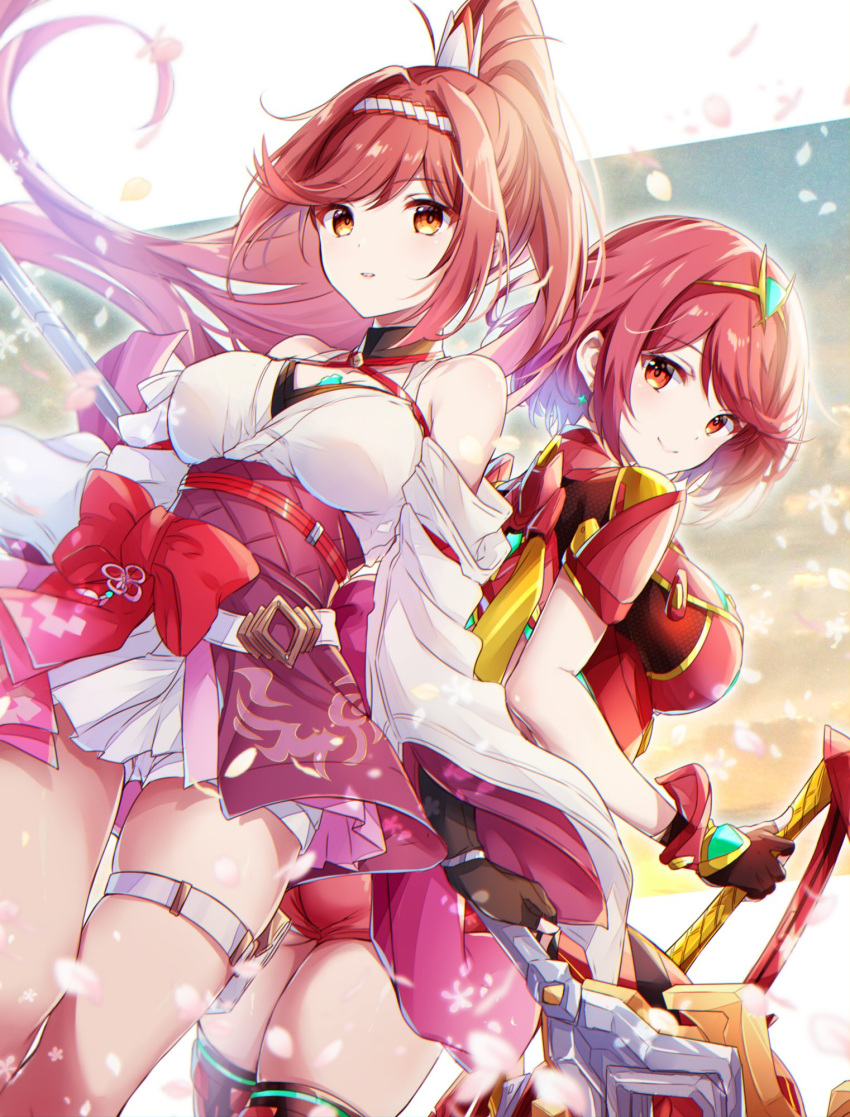 2girls aegis_sword_(xenoblade) bare_shoulders breasts chest_jewel cleavage core_crystal_(xenoblade) criss-cross_halter detached_sleeves earrings fingerless_gloves glimmer_(xenoblade) gloves hairband halterneck headpiece high_ponytail highres japanese_clothes jewelry kimono long_hair looking_at_viewer mother_and_daughter multiple_girls obi ponytail pyra_(xenoblade) red_eyes red_hair sash short_hair shorts smile swept_bangs thighhighs tiara two-tone_hairband ui_frara white_kimono xenoblade_chronicles_(series) xenoblade_chronicles_2 xenoblade_chronicles_3 xenoblade_chronicles_3:_future_redeemed