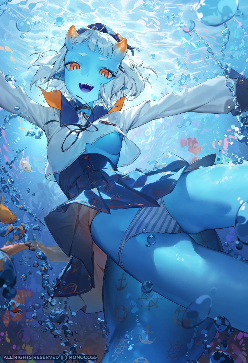 1girl absurdres blue_skin blue_skirt bow bowtie breasts bubble collared_shirt colored_skin crop_top fish highres horns monosucre neck_ribbon original outstretched_arms pleated_skirt pointy_ears ribbon sharp_teeth shirt short_hair skirt solo spread_arms striped_underwear tail teeth underboob underwater upper_teeth_only white_shirt yellow_eyes
