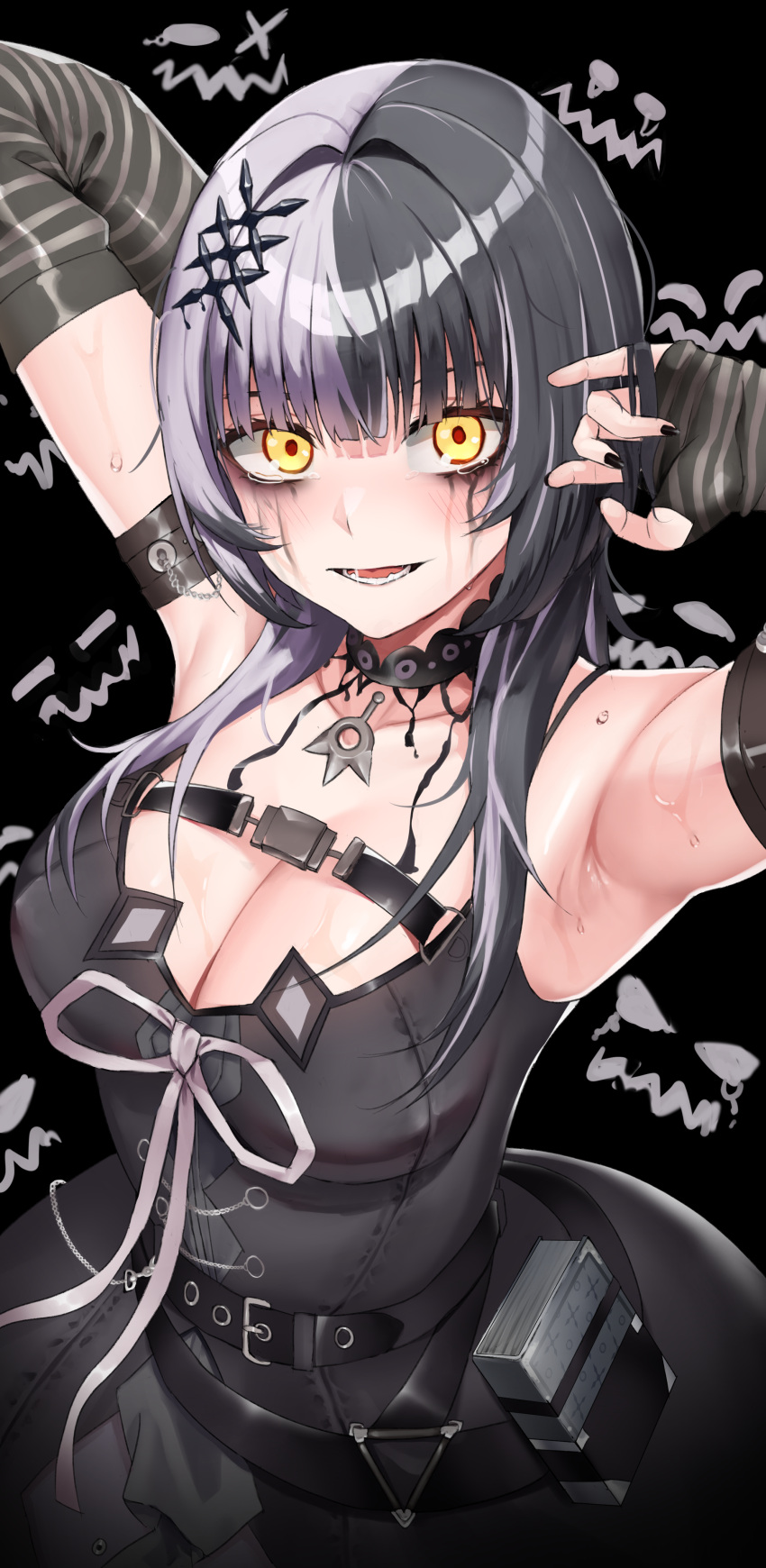 1girl absurdres armpits black_arm_warmers black_background black_dress black_hair black_nails breasts chest_belt cleavage dress grey_hair herzu highres hololive hololive_english large_breasts long_hair looking_at_viewer multicolored_hair nail_polish open_mouth shiori_novella shiori_novella_(1st_costume) smile solo split-color_hair virtual_youtuber yellow_eyes
