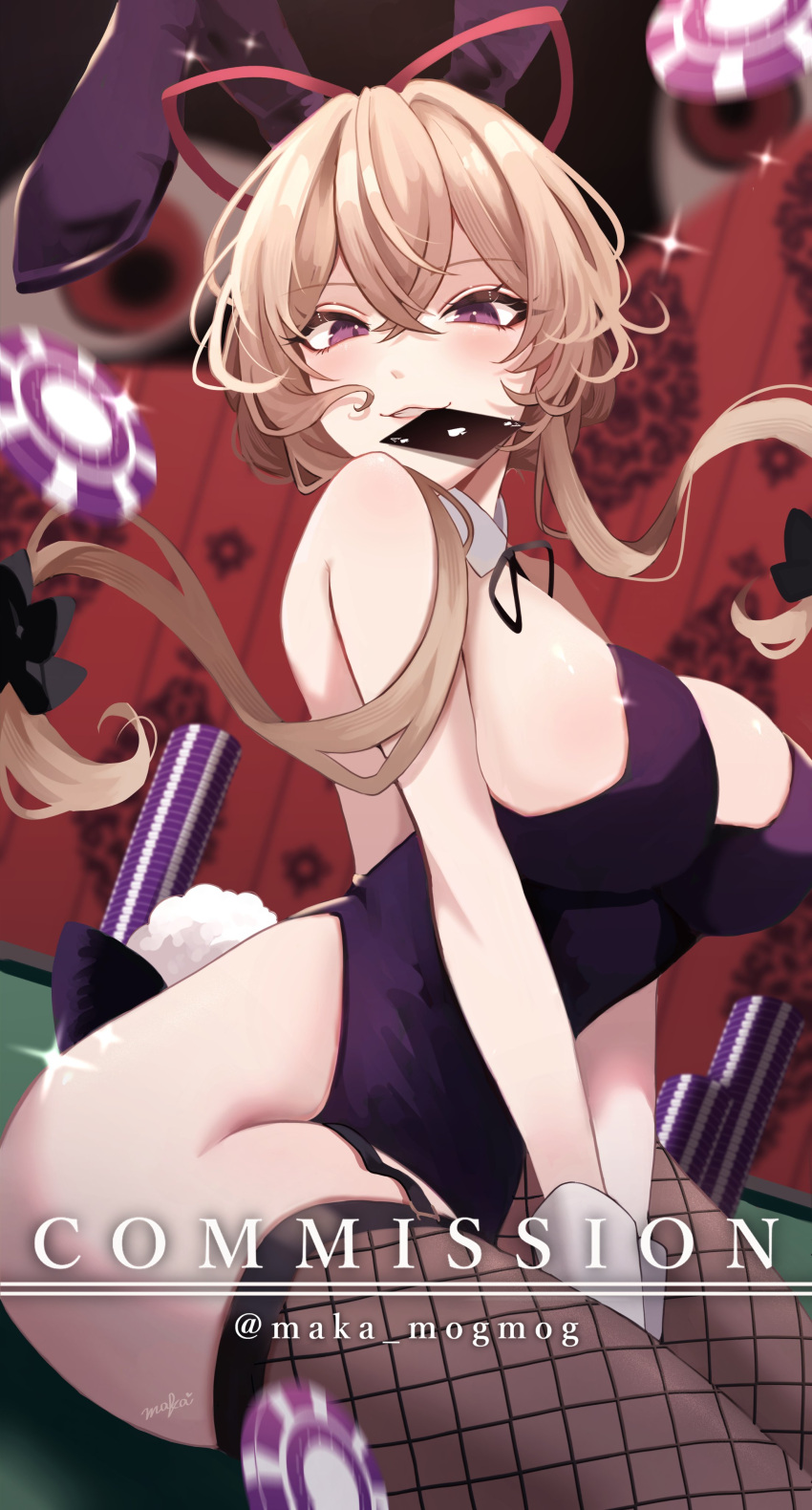 1girl absurdres animal_ears blonde_hair casino detached_collar fake_animal_ears fishnets garter_straps highres leotard maka_(user_rryf2748) playboy_bunny poker poker_chip poker_table purple_leotard rabbit_ears rabbit_tail sidelocks smile solo strapless strapless_leotard table tail thighhighs touhou wrist_cuffs yakumo_yukari