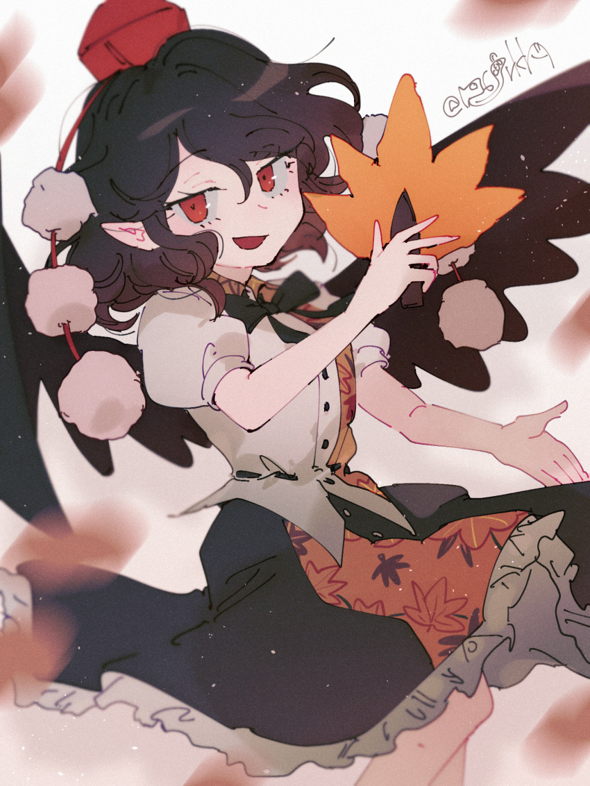 1girl bird_wings black_hair black_skirt black_wings buttons feathered_wings feet_out_of_frame frilled_skirt frills hanaon hand_fan hat hauchiwa highres holding holding_fan looking_at_viewer open_mouth pointy_ears pom_pom_(clothes) puffy_short_sleeves puffy_sleeves red_eyes red_headwear shameimaru_aya shirt short_hair short_sleeves signature skirt smile solo tokin_hat touhou white_shirt wings