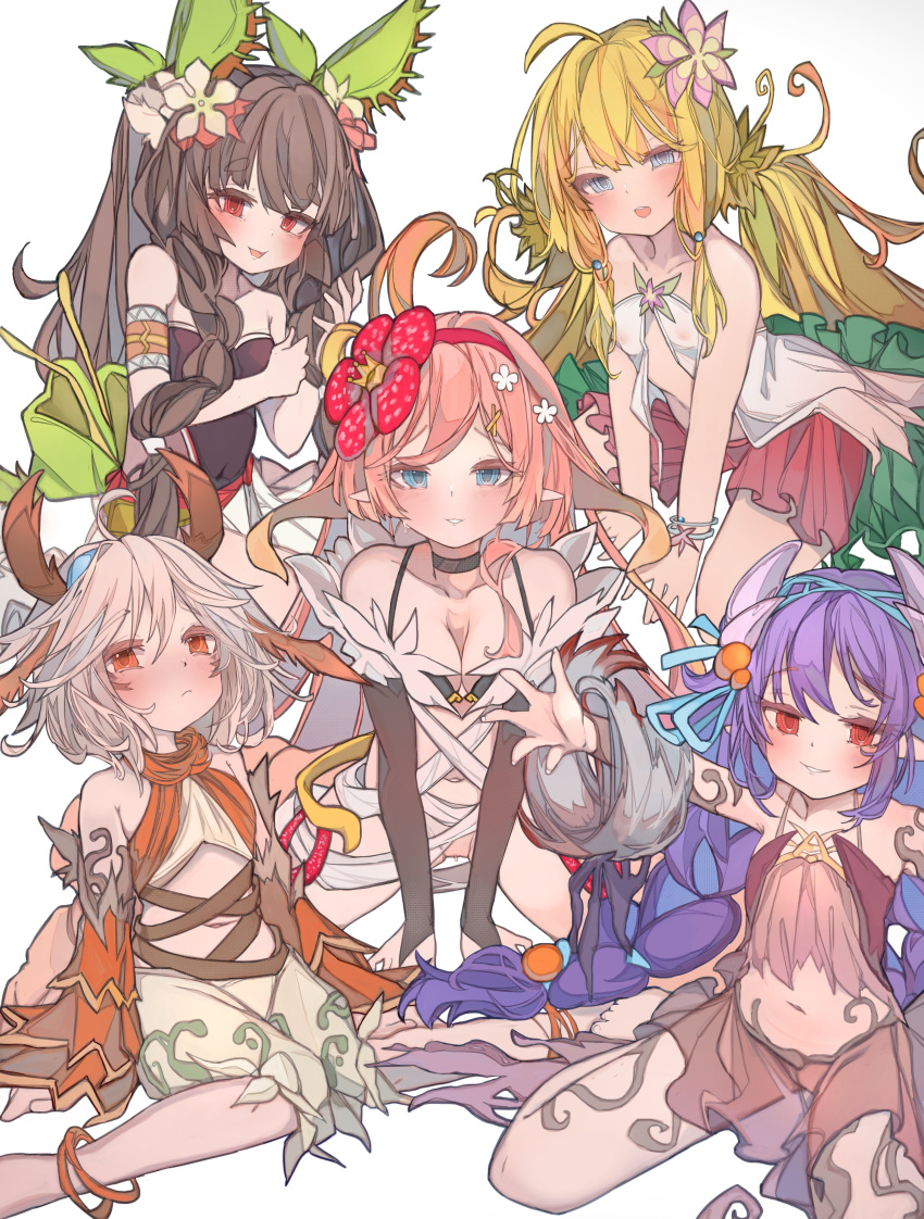 5girls absurdres antennae arm_tattoo bare_shoulders blonde_hair blue_eyes blush braid breasts brown_hair cleavage dress duel_monster flower hair_flower hair_ornament highres leg_tattoo medium_hair midriff multiple_girls navel open_mouth orange_eyes outstretched_arms pink_hair pleated_skirt purple_eyes rancha06743732 red_eyes sitting skirt spread_arms stomach tattoo traptrix_atrax traptrix_dionaea traptrix_myrmeleo traptrix_nepenthes traptrix_rafflesia twin_braids twintails wariza yu-gi-oh!