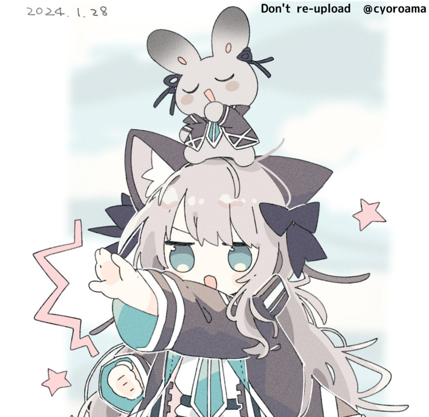 1girl animal_ear_fluff animal_ears arknights artist_name black_jacket blue_eyes cat_ears cat_girl choshanland_plushy_(arknights) clenched_hand commentary_request dated grey_hair highres jacket jitome long_hair long_sleeves mint_(arknights) naguru_(cyoroama) open_mouth star_(symbol) stuffed_animal stuffed_rabbit stuffed_toy twitter_username wide_sleeves