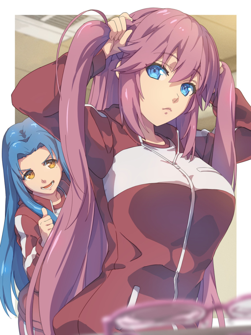 2girls blue_eyes blue_hair blurry blurry_background breasts chiharu_(9654784) commentary_request gym_shirt hair_between_eyes hasebe_haruka highres holding_own_hair indoors jacket large_breasts long_hair long_sleeves looking_at_viewer multicolored_clothes multicolored_jacket multiple_girls pink_hair red_jacket red_trim sakura_airi shirt smile thumbs_up track_jacket twintails two-tone_jacket unworn_eyewear very_long_hair white_jacket white_shirt yellow_eyes youkoso_jitsuryoku_shijou_shugi_no_kyoushitsu_e