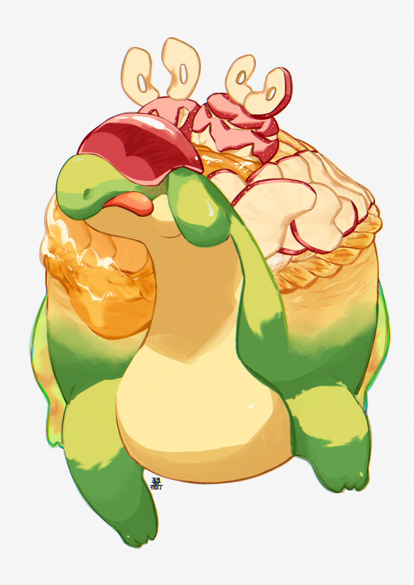 absurdres apple apple_pie appletun blush commentary_request food fruit highres midori8_10 no_humans pie pokemon pokemon_(creature) simple_background tongue tongue_out white_background