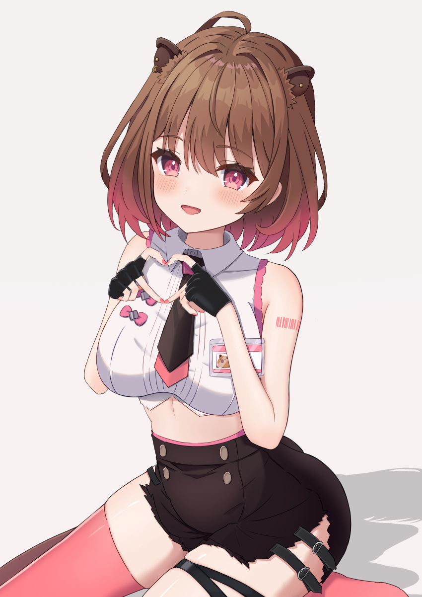 1girl :d absurdres animal_ear_piercing awaiaka black_gloves black_necktie black_ribbon black_shorts blush breasts brown_hair capybara_ears capybara_girl collared_shirt commentary_request crop_top earrings fingerless_gloves foot_out_of_frame gloves gradient_hair grey_background hair_between_eyes heart heart_hands highres jewelry large_breasts leg_ribbon looking_at_viewer medium_bangs midriff multicolored_hair nanashi_inc. navel necktie open_mouth pink_eyes pink_hair pink_thighhighs ribbon seiza shirt short_hair short_shorts shorts simple_background single_earring single_thighhigh sitting sleeveless sleeveless_shirt smile solo thighhighs virtual_youtuber white_shirt yunohara_izumi