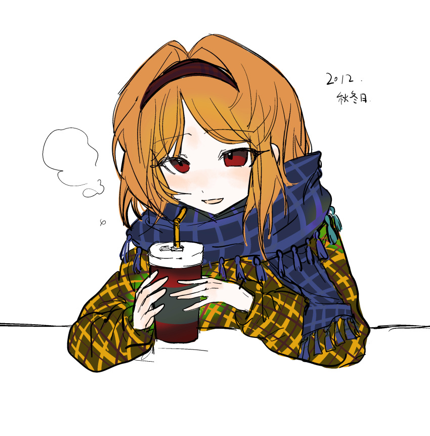 1other absurdres adapted_costume androgynous bingkuaihei blue_scarf blush chinese_commentary colored_skin commentary_request drink hair_intakes hairband highres holding holding_drink len'en long_sleeves medium_hair open_mouth orange_hair other_focus plaid plaid_hairband plaid_scarf red_eyes red_hairband scarf sketch smile solo tassel translation_request white_skin zuifeng_tenkai