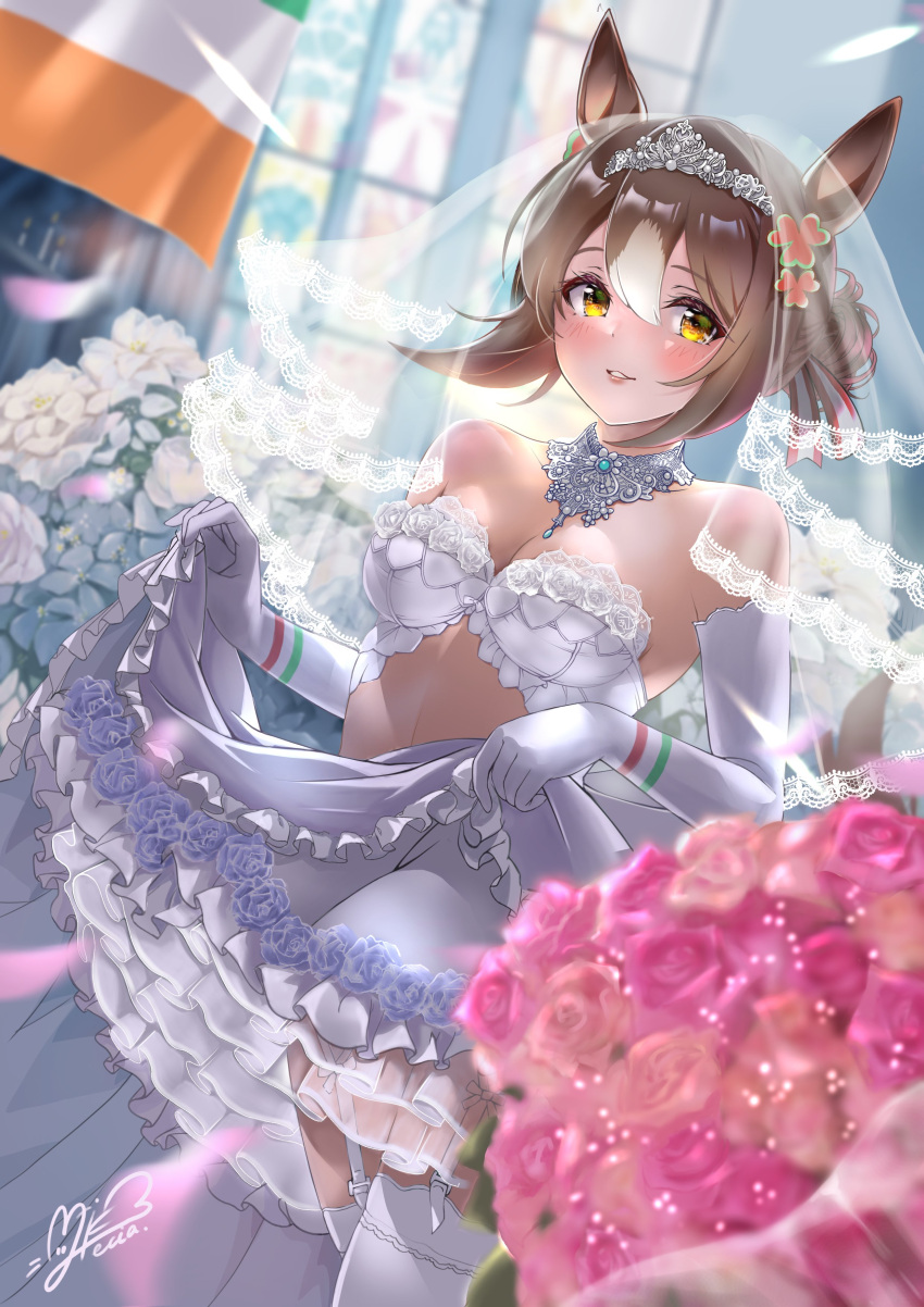 1girl absurdres blurry blurry_background breasts bridal_veil dress fine_motion_(umamusume) flower folded_ponytail hair_between_eyes hair_ornament highres horse_girl irish_flag medium_breasts medium_hair miki_lutecia open_mouth pov signature solo thighhighs tiara umamusume veil wedding_dress window yellow_eyes