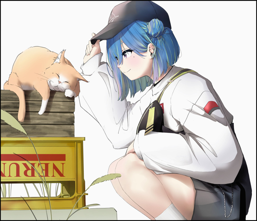 1girl akinosub baseball_cap black_headwear black_shorts blue_hair blush box cattail closed_mouth commentary_request crate double_bun feet_out_of_frame green_hair hair_between_eyes hair_bun hat high-waist_shorts highres long_bangs long_sleeves looking_at_animal mole mole_under_eye multicolored_hair nanashi_inc. official_alternate_costume orange_cat pink_eyes plant short_hair shorts simple_background single_strap smile solo squatting suzumi_nemo suzumi_nemo_(2nd_costume) sweater two-tone_hair virtual_youtuber white_background white_sweater