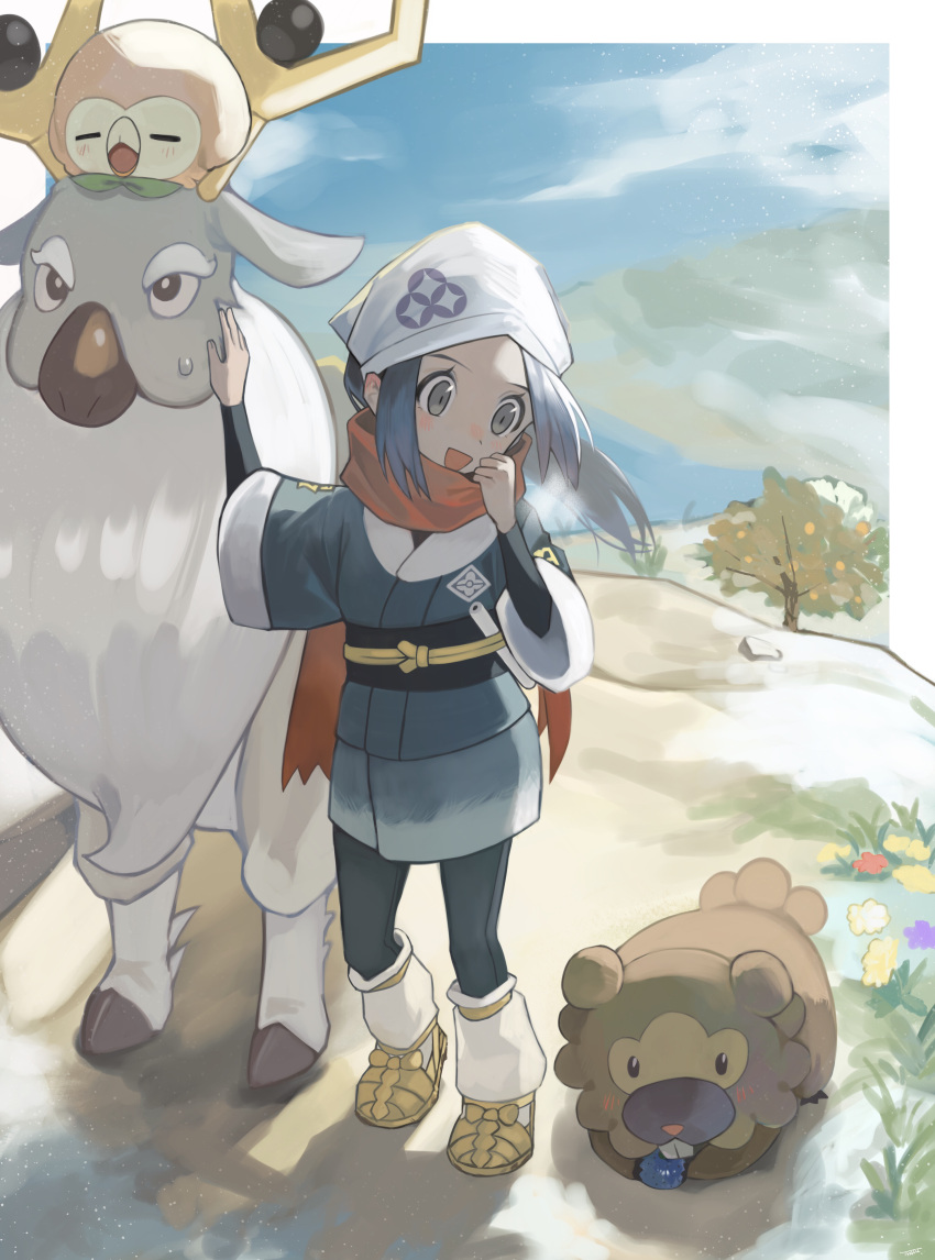 1girl absurdres akari_(pokemon) berry_(pokemon) bidoof black_hair blue_hair breath closed_eyes day flower galaxy_expedition_team_survey_corps_uniform grass head_scarf highres long_hair open_mouth outdoors pokemon pokemon_(creature) pokemon_legends:_arceus red_scarf rowlet sash scarf standing sweat tree tyaui_(xjju4435) wyrdeer