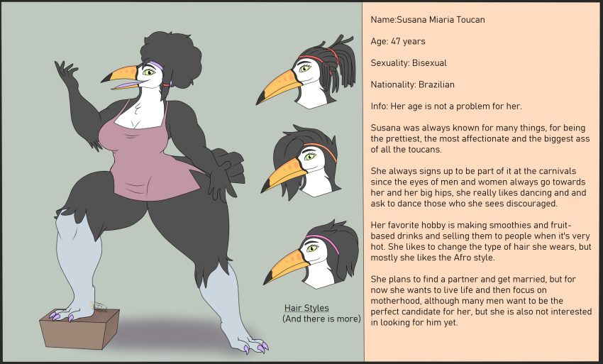 afro anthro avian bandanna big_butt bird border breasts butt clothed clothing curvy_figure dreadlocks dress english_text female green_eyes grey_border hair hi_res information_box kerchief long_hair mature_female photolol.03 simple_background small_breasts solo susana(photolol.03) text thick_thighs toucan voluptuous wide_hips
