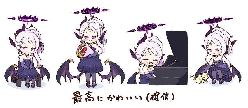 1girl achilles_(yosshyachillesd) animal black_horns blue_archive blush bouquet cat closed_mouth dangle_earrings demon_horns demon_wings dress earrings elbow_gloves gloves grand_piano grey_hair halo highres hina_(blue_archive) hina_(dress)_(blue_archive) holding holding_bouquet horns instrument jewelry long_hair multiple_horns multiple_views necklace official_alternate_costume official_alternate_hairstyle pendant piano purple_dress purple_eyes purple_gloves purple_wings simple_background sitting smile white_background wings