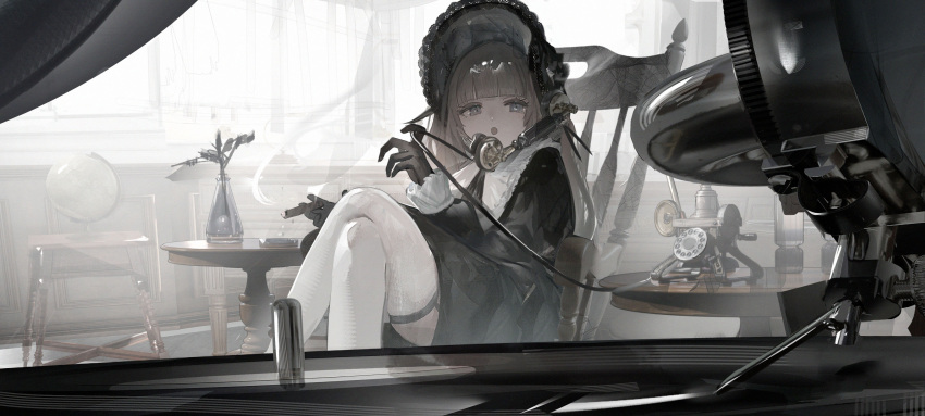 1girl absurdres antique_phone black_dress black_gloves bonnet chair cigar crossed_legs dress gloves gothic_lolita grey_hair highres indoors lolita_fashion long_hair looking_at_viewer misumigumi open_mouth original phone rotary_phone sitting smoking solo thighhighs white_thighhighs