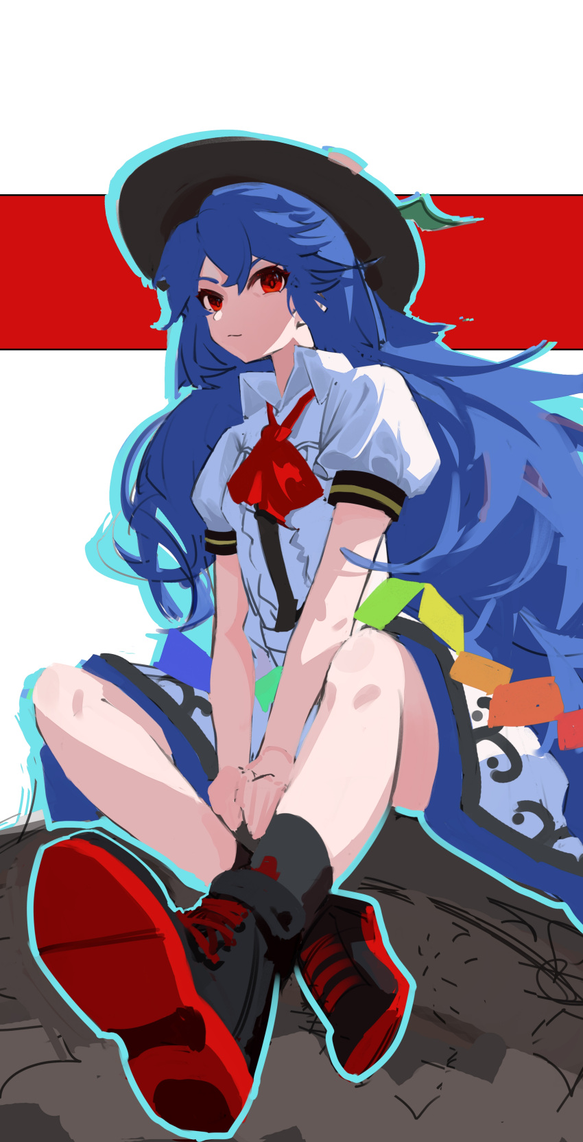 1girl absurdres ascot black_footwear black_socks blue_hair blue_outline blue_skirt center_frills closed_mouth collared_shirt commentary erijian flat_chest frills highres hinanawi_tenshi long_hair outline puffy_short_sleeves puffy_sleeves red_ascot red_eyes shirt short_sleeves simple_background sitting skirt socks solo symbol-only_commentary touhou white_shirt