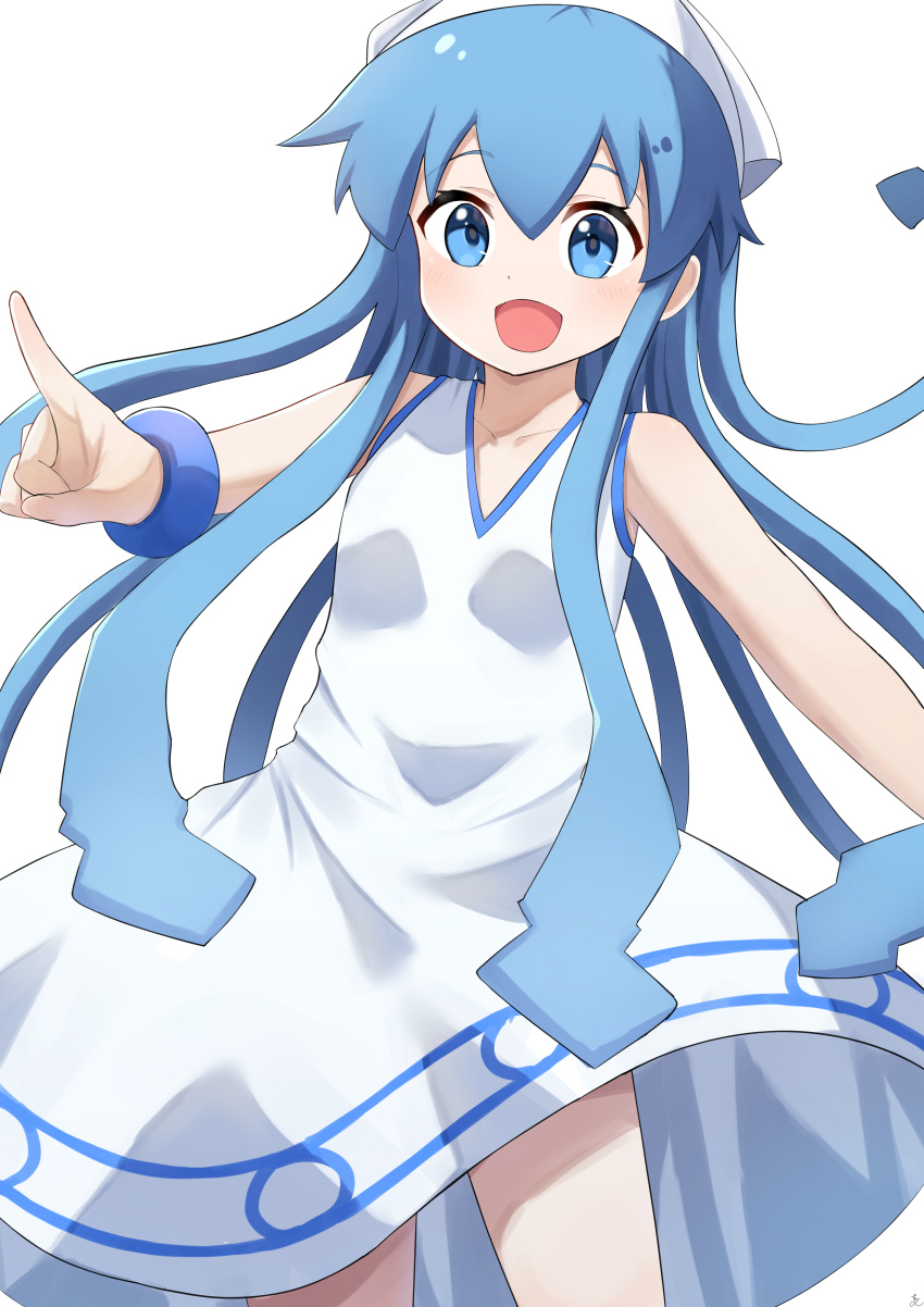 1girl absurdres aftamc blue_bracelet blue_eyes blue_hair blue_trim breasts check_commentary collarbone commentary_request cowboy_shot dress hair_between_eyes hand_out_of_frame hat highres ikamusume index_finger_raised light_blush long_hair looking_at_viewer open_mouth outstretched_arms pointing shinryaku!_ikamusume simple_background sleeveless sleeveless_dress small_breasts smile solo squid_hat standing tentacle_hair white_background white_dress white_headwear