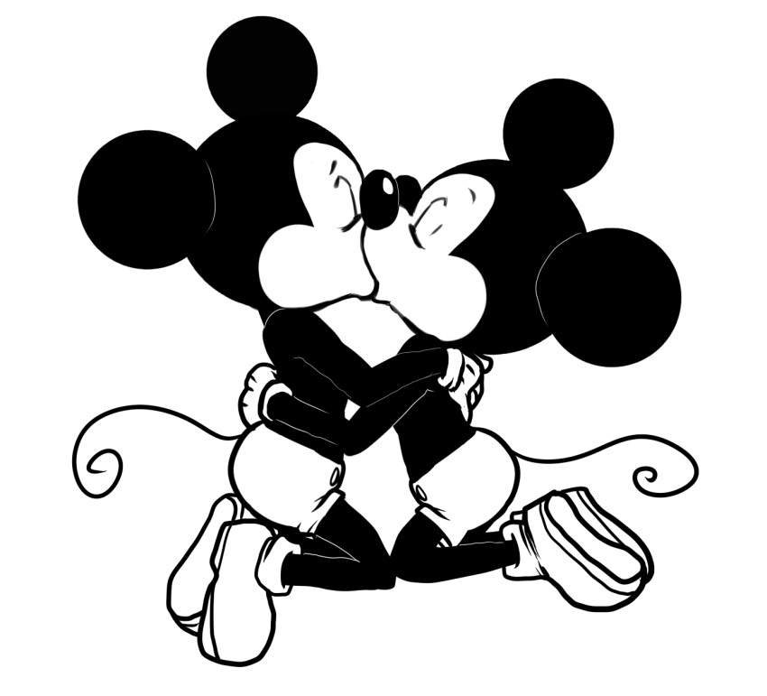 anthro clothed clothing disney duo embrace eyes_closed hi_res hug igotdragons kissing male male/male mammal mickey_mouse monochrome mouse murid murine rodent selfcest square_crossover