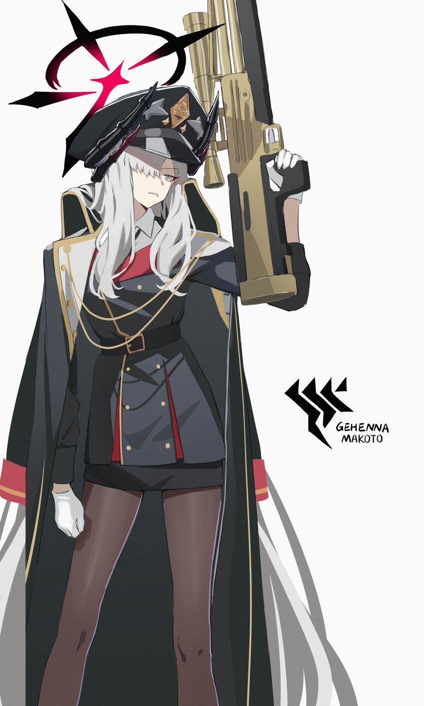 1girl absurdres black_coat black_horns black_pantyhose blue_archive bullpup character_name coat coat_on_shoulders cowboy_shot demon_horns english_text gehenna_academy_logo gloves gradient_horns grey_hair gun hair_over_one_eye halo hand_up hat highres holding holding_gun holding_weapon horns long_hair long_sleeves makoto_(blue_archive) multicolored_horns multiple_horns pantyhose parted_lips peaked_cap rifle sanpaku sniper_rifle solo very_long_hair walther walther_wa_2000 weapon white_background white_gloves xintianou