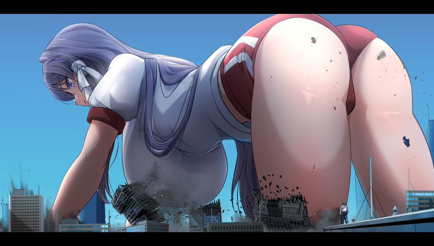 1boy 1girl absurdres all_fours ass blue_eyes blue_sky breasts building buruma city clannad destruction fujibayashi_kyou giant giantess gym_uniform hair_tie hanging_breasts highres huge_breasts letterboxed long_hair looking_down natsukaze_shigure outdoors purple_hair red_buruma sky skyscraper smile