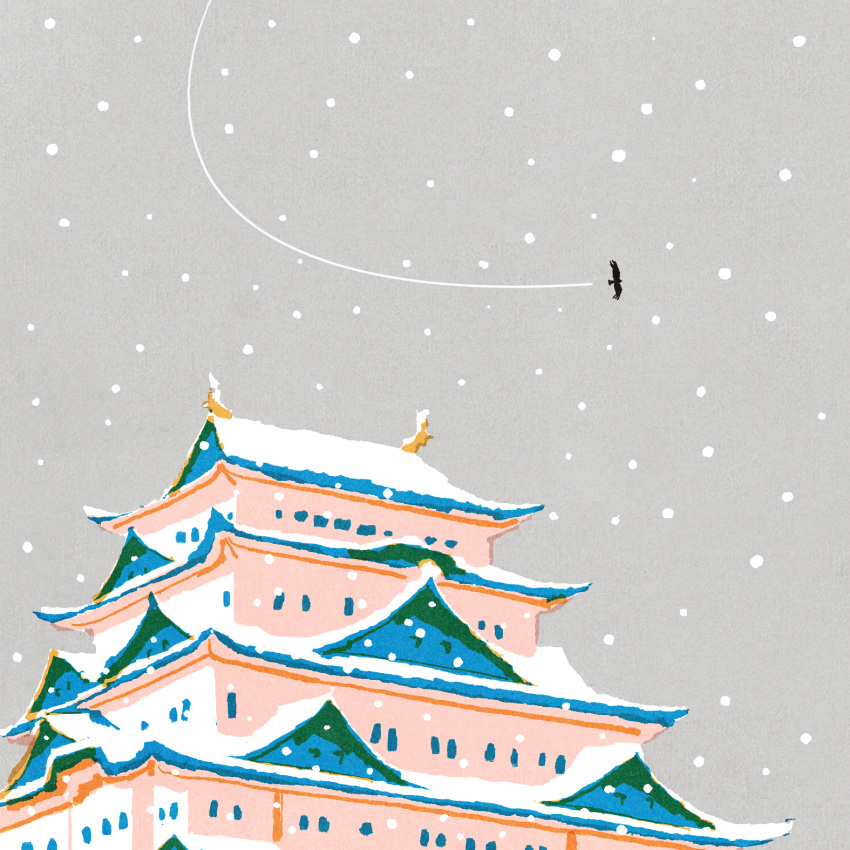 architecture bird building east_asian_architecture grey_sky highres iida_kento no_humans original outdoors scenery sky snow snowing