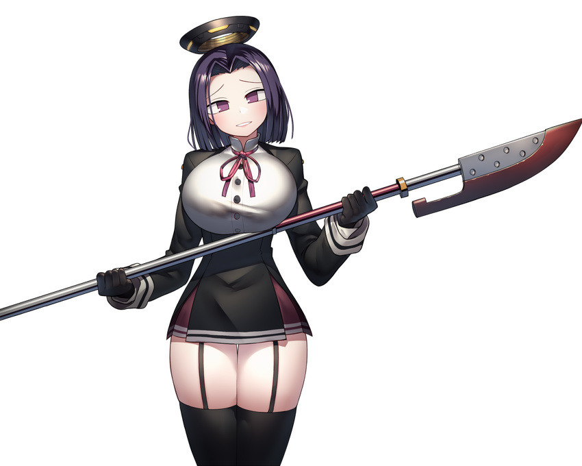 bangs black_gloves black_jacket black_legwear breasts commentary_request cowboy_shot garter_straps gloves halo harau head_tilt highres holding holding_weapon jacket kantai_collection large_breasts lips long_sleeves looking_at_viewer neck_ribbon parted_bangs parted_lips polearm purple_eyes purple_hair red_neckwear red_ribbon ribbon shirt smile standing tatsuta_(kantai_collection) thigh_gap thighhighs thighs transparent_background two-handed weapon white_shirt
