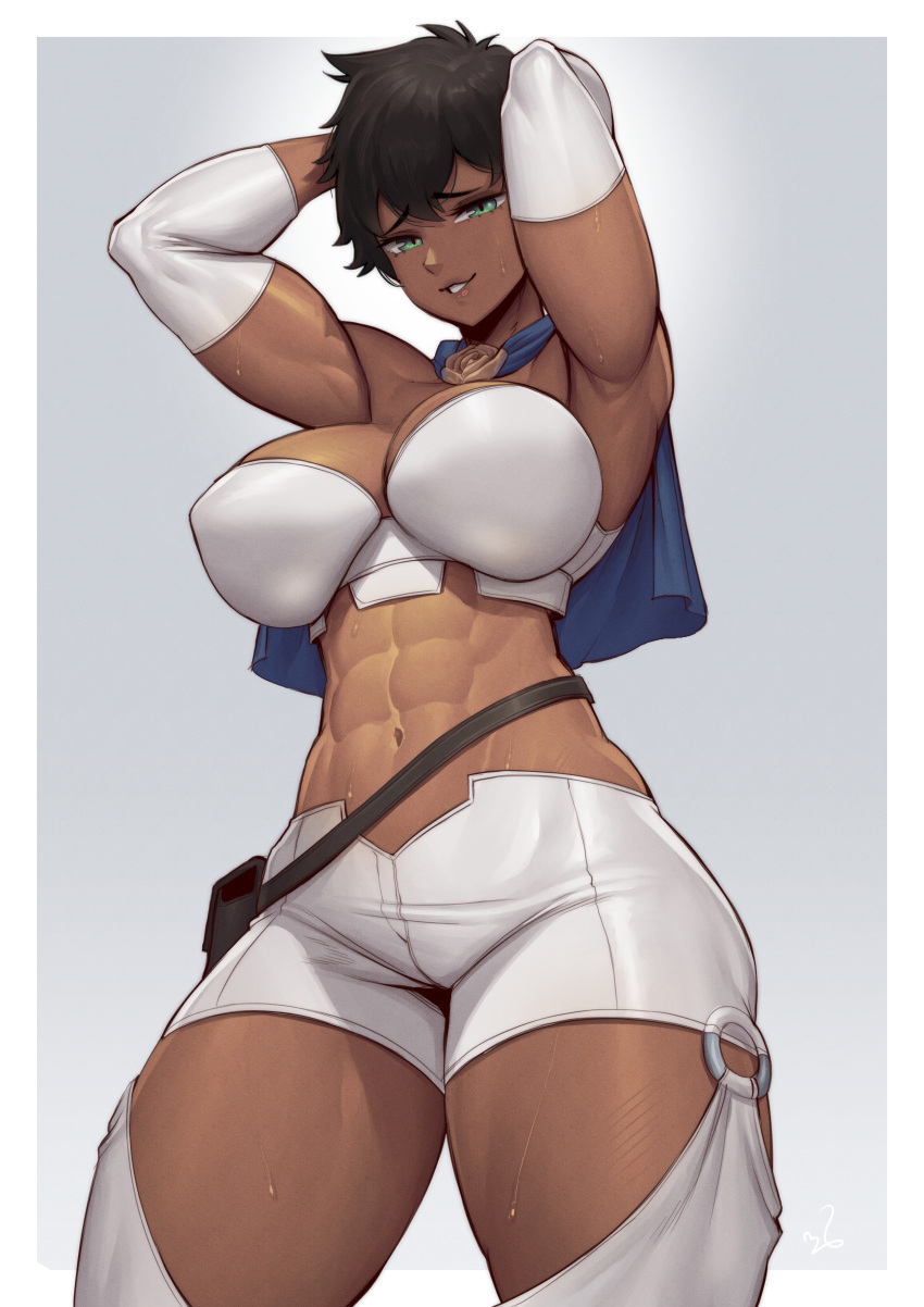 abs absurdres blue_cape breasts brown_hair cape dark_skin detached_sleeves green_eyes highres large_breasts muscular muscular_female navel original short_cape short_hair shorts speedl00ver thick_thighs thighs very_dark_skin white_shorts