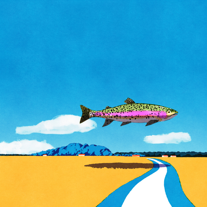absurdres blue_sky building cloud day fish highres iida_kento mountain no_humans original outdoors rainbow_trout road scenery shadow sky trout
