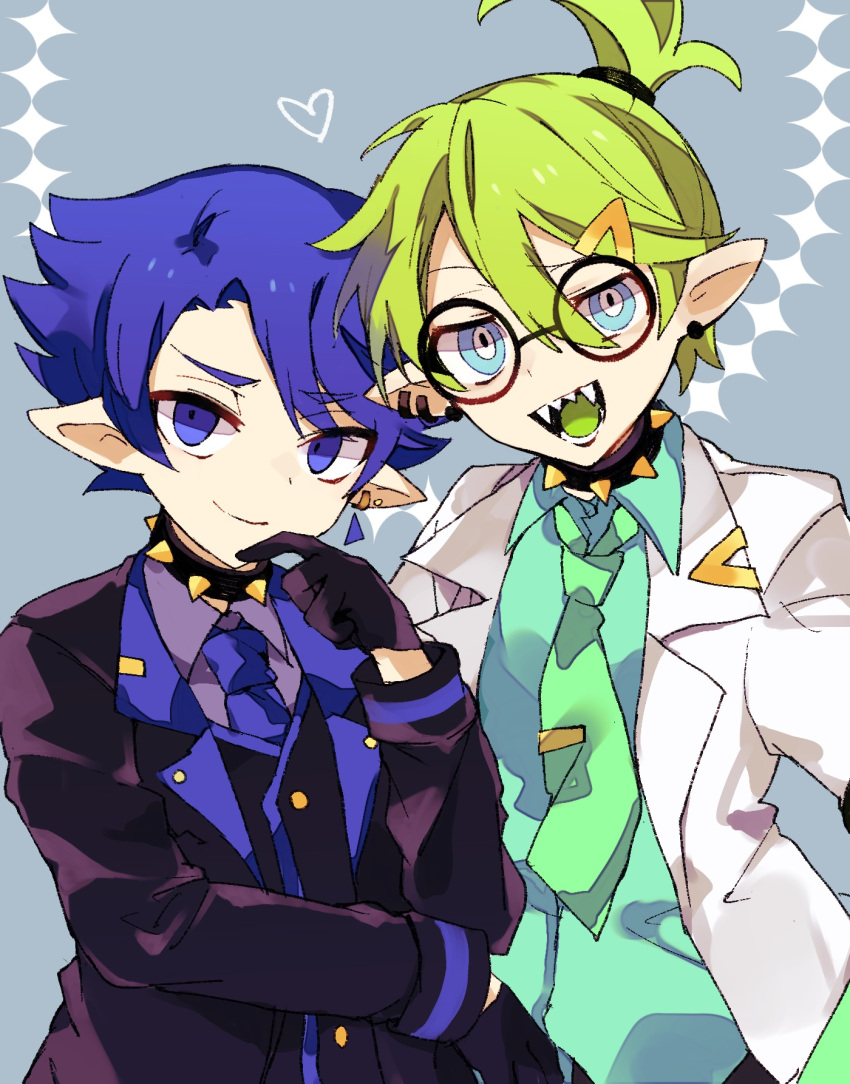 2boys aqua_shirt black-framed_eyewear black_gloves black_jacket blue_eyes blue_hair blue_necktie collar ear_piercing fangs gloves green_hair green_necktie grey_background hair_between_eyes hair_ornament hairclip hand_up highres iggy_koopa jacket long_sleeves ludwig_von_koopa lzesmelt mario_(series) multiple_boys necktie personification piercing pointy_ears ringed_eyes shirt short_hair smile spiked_collar spikes super_mario_bros._3 white_jacket