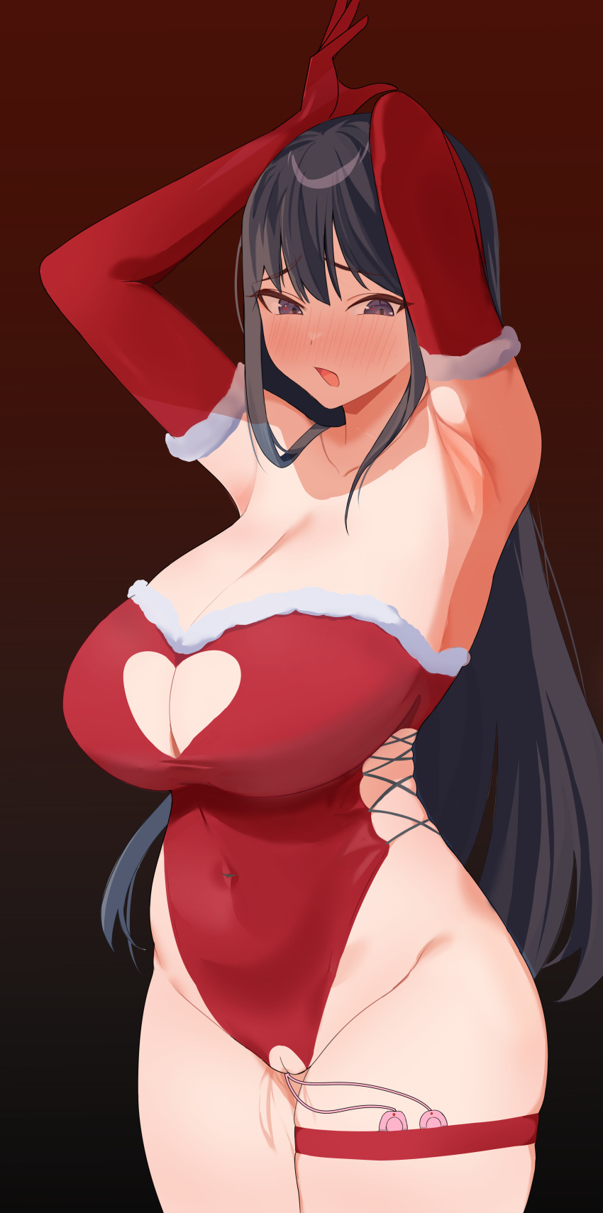 1girl absurdres armpits arms_up black_background black_eyes black_hair blush breasts christmas clothing_cutout covered_navel cross-laced_leotard crotchless crotchless_leotard elbow_gloves fur-trimmed_gloves fur-trimmed_leotard fur_trim gloves gradient_background heart_cutout highleg highleg_leotard highres huge_breasts leotard long_hair looking_down nose_blush open_mouth original pussy pussy_juice red_background red_gloves side-tie_leotard skindentation solo sovietex strapless strapless_leotard thigh_strap uncensored very_long_hair vibrator_in_thigh_strap