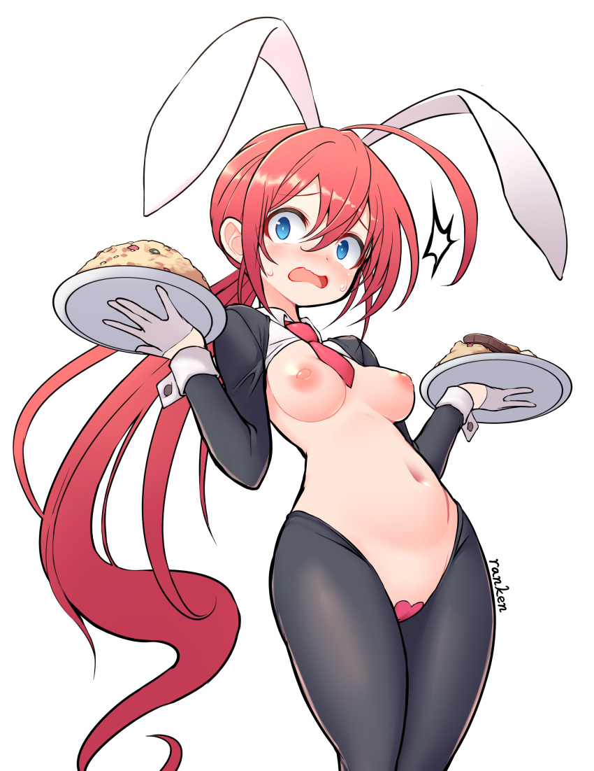 1girl absurdres ahoge animal_ears blue_eyes blush breasts embarrassed fake_animal_ears food heart_maebari highres holding holding_plate long_hair long_sleeves looking_at_viewer low_ponytail maebari medium_breasts meme_attire navel necktie nipples nose_blush nude open_mouth original plate rabbit_ears ranken red_hair red_necktie reverse_bunnysuit reverse_outfit shrug_(clothing) simple_background solo stomach very_long_hair white_background wide-eyed wrist_cuffs