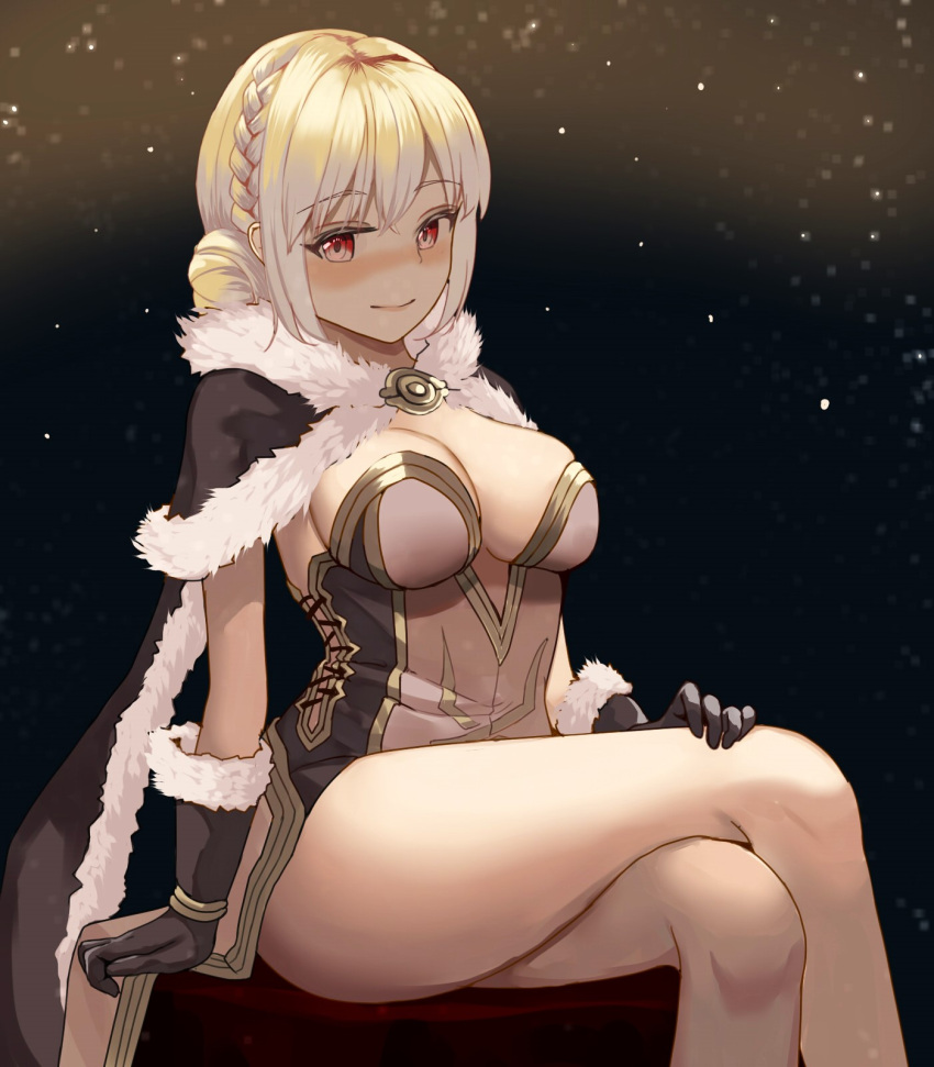 1girl black_background blonde_hair blush braid breasts brown_cape brown_dress brown_gloves cape closed_mouth commentary_request crossed_legs double_bun dress feet_out_of_frame fur-trimmed_cape fur-trimmed_gloves fur_trim gloves gold_trim hair_bun hand_on_own_leg high_wizard_(ragnarok_online) highres kathryne_keyron large_breasts light_particles looking_at_viewer medium_bangs ragnarok_online red_eyes sail_(sail-away) short_dress short_hair sitting smile solo two-tone_dress