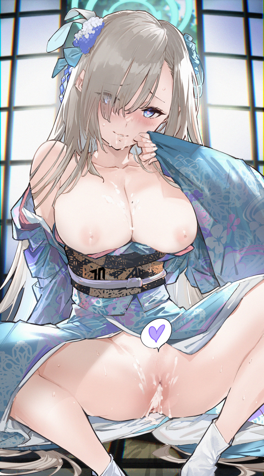 1girl absurdres after_sex after_vaginal alternate_costume asuna_(blue_archive) blue_archive blue_eyes blue_halo blue_kimono blush breasts cleavage collarbone commentary_request cum cum_in_mouth cum_in_pussy cum_on_body cum_on_breasts hair_over_one_eye halo highres indoors japanese_clothes kimono kurotsuki_machi large_breasts light_brown_hair long_hair long_sleeves looking_at_viewer nipples obi open_mouth revision sash smile socks solo white_socks wide_sleeves