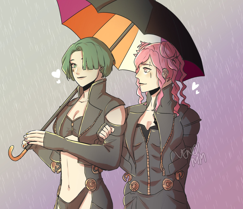 2girls absurdres argilla breasts cleavage digital_devil_saga gradient_background green_eyes green_hair highres jinana lesbian_flag makeup multiple_girls pink_eyes pink_hair rain scar scar_across_eye shin_megami_tensei simple_background umbrella vendi_mm