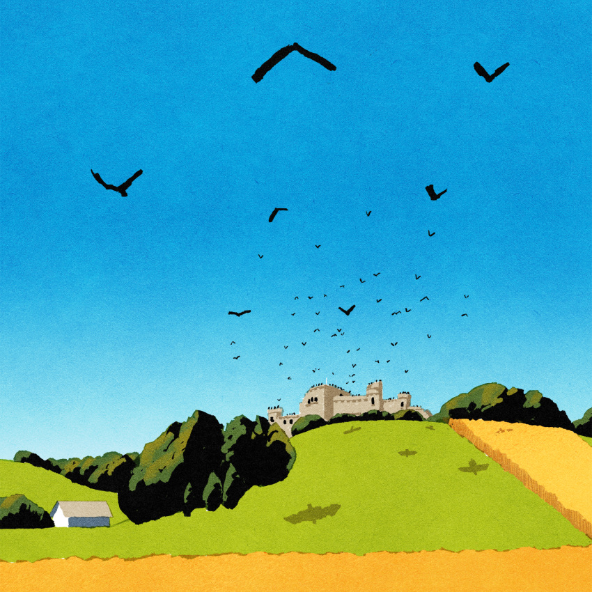 bird blue_sky building castle day field highres house iida_kento original outdoors scenery shadow simple_bird sky tree