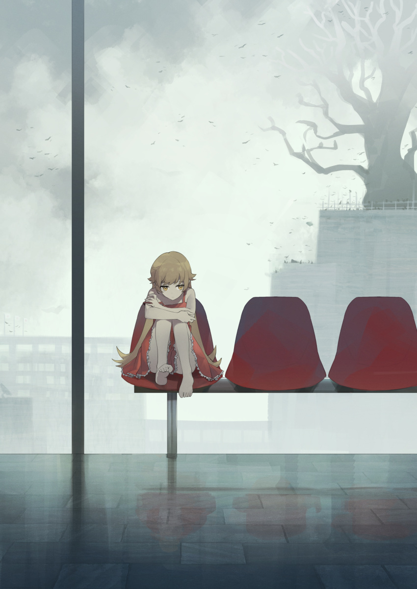 1girl absurdres ao_tsukushi barefoot blonde_hair chair cloud cloudy_sky dress highres knees_up long_hair monogatari_(series) oshino_shinobu pink_dress simple_bird sitting sky solo tree window yellow_eyes