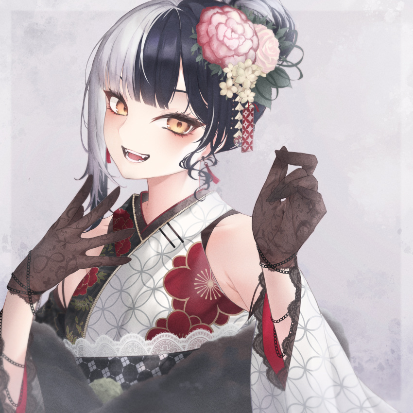 1girl a9_(repainter) absurdres black_hair flower gloves hair_bun hair_flower hair_ornament highres hololive hololive_english japanese_clothes kimono lace lace_gloves multicolored_hair shiori_novella shiori_novella_(new_year) split-color_hair virtual_youtuber white_hair wide_sleeves yellow_eyes