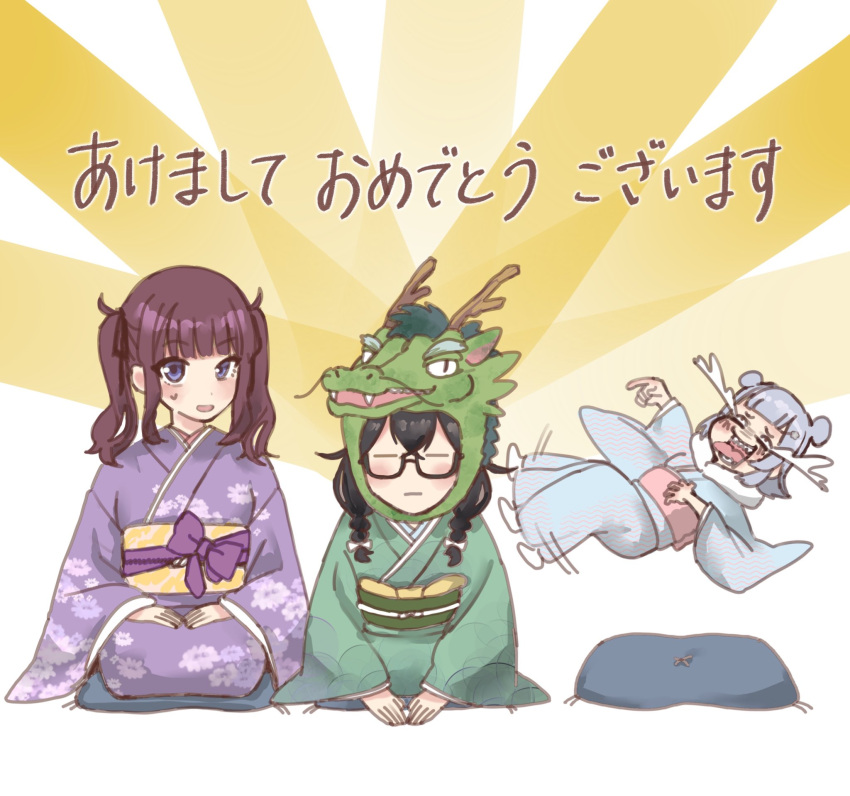 3girls :| afterimage arikitari_na_koi_no_uta_(synthesizer_v) black_hair blue_kimono blush braid brown_hair cevio chinese_zodiac closed_eyes closed_mouth commentary crying crying_with_eyes_open cushion dogeza double_bun dragon_hat facing_viewer floral_print fur-trimmed_kimono fur_trim furisode furrowed_brow glasses green_kimono grey_hair hair_bun hair_over_shoulder hanakuma_chifuyu hand_on_own_stomach hands_on_lap highres japanese_clothes kaninoto kicking kimono koharu_rikka laughing long_hair low_twin_braids midair motion_lines multiple_girls natsuki_karin nervous_smile new_year obi obiage obijime pointing pointing_at_another print_kimono purple_kimono purple_sash sash sash_bow seiza sharp_teeth sitting smile sweatdrop synthesizer_v tears teeth tongue tongue_out twin_braids twintails white_background year_of_the_dragon yellow_background zabuton